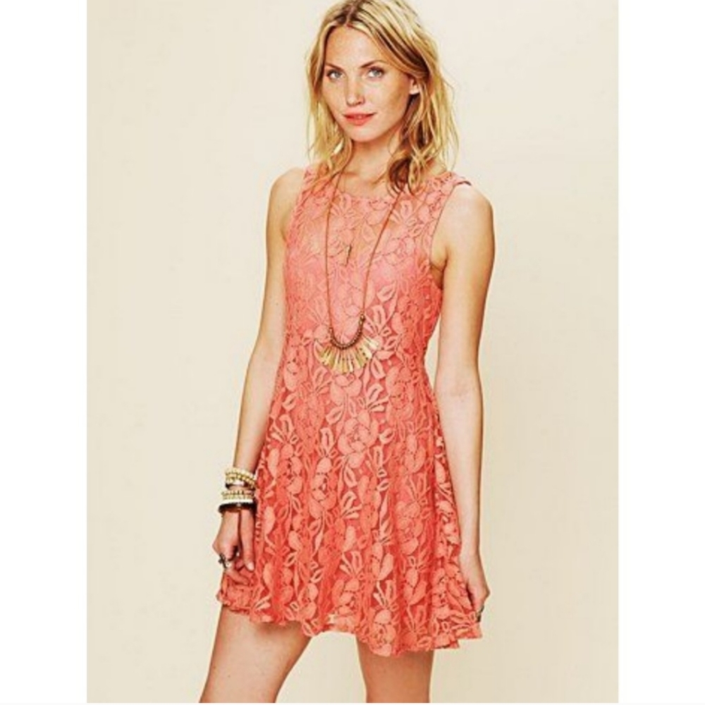 Free People Miles of Lace Shell Dress Coral Medium